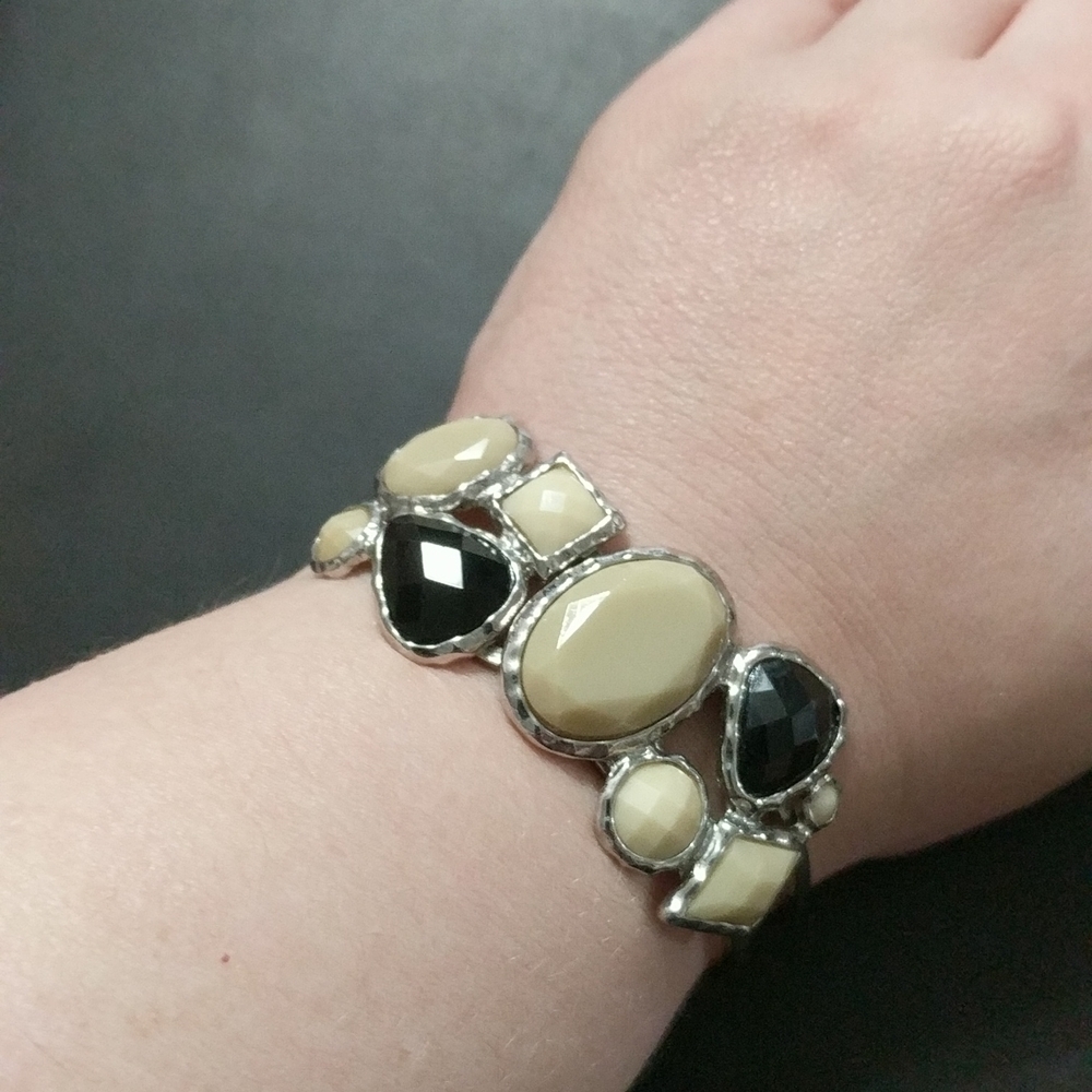 Silver Tone Black And Cream Rhinestone Hinged Cuff Statement Bracelet